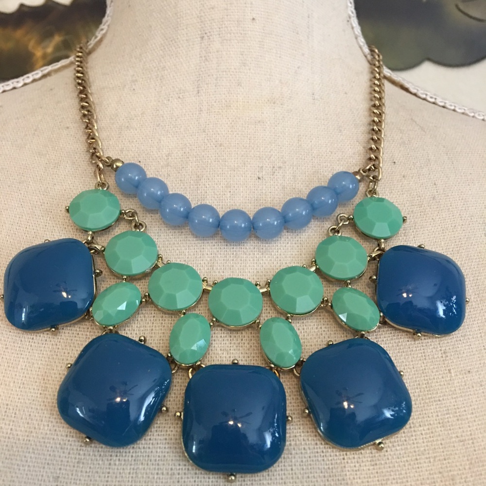 Blue and mint tone gold chain link necklace